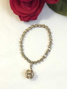 Vintage Green Crystal Rhinestone Ball Charm Dangle Bracelet Art Deco Almost 7"